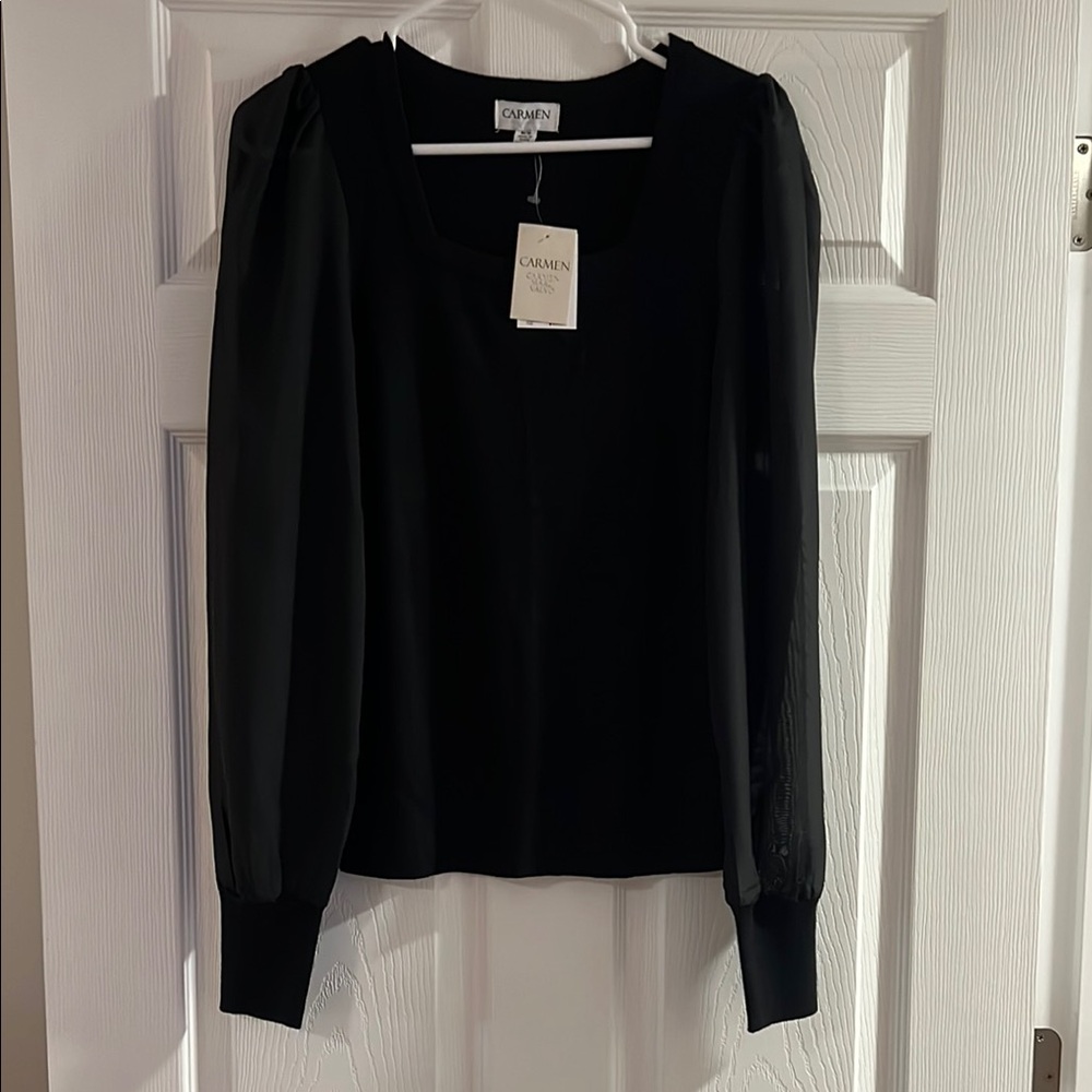 Carmen Marc Valvo Black Long-Sleeve Chiffon Sleeve Top